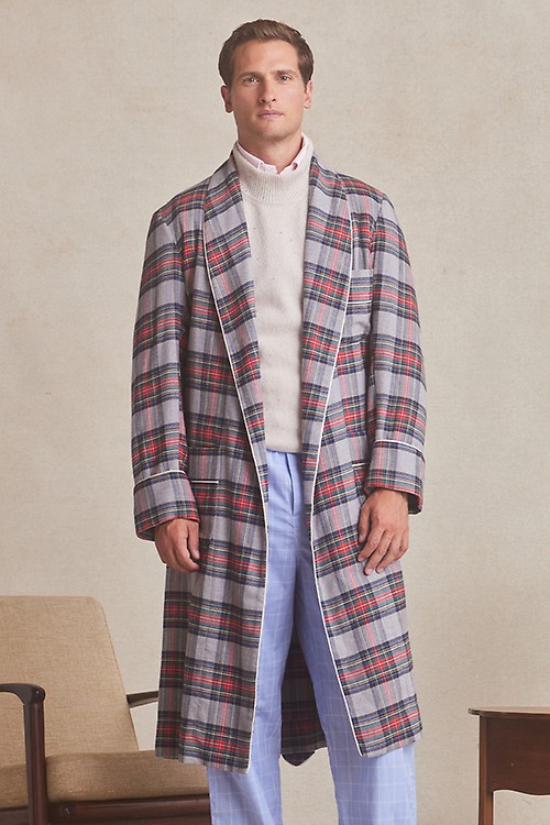 Grey Plaid Unlined Brushed Cotton Dressing Gown | New & Lingwood