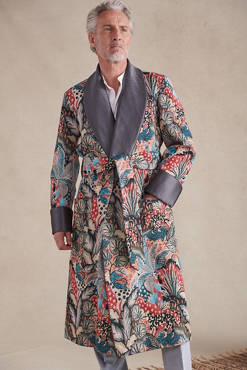 Navy & Turquoise Paisley Unlined Silk Dressing Gown