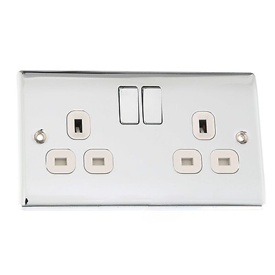 DEAL OF 2 G.E.T POLISHED CHROME 13A SWITCHED SOCKET 1 GANG WHITE INSERTS
