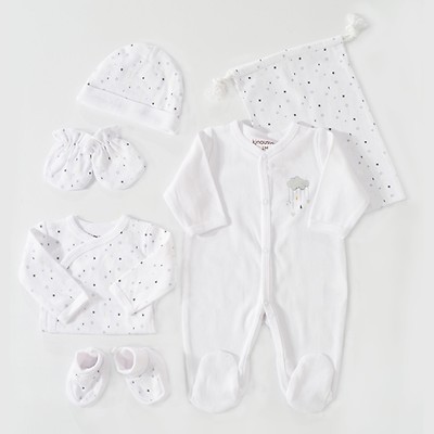 Trousseau De Naissance Garcon Blanc Et Bleu Givre 6 Pieces En Coton