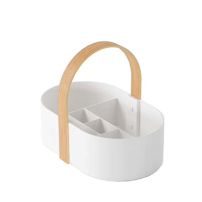 Accessoire Salle Bain Organisé Boîte De Rangement MDesign Salle De Bain - 2 Compartiments, Poignée Bois - Pour Maquillage Ou Produits - Blanc/Chêne Organisation Salle Bain