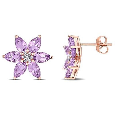 Amour 14K Rose Gold Pink Sapphire and Diamond Floral Stud Earrings ...