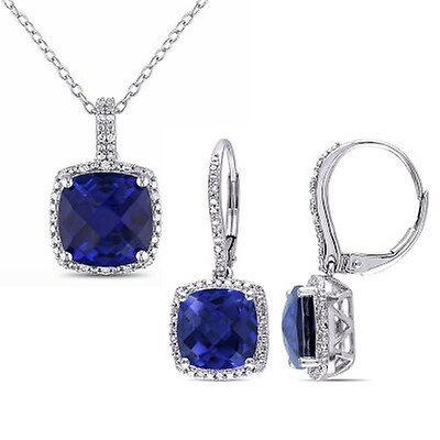 5mm x 13mm Sonia Jewels Sterling Silver Diamond and Simulated Sapphire Oval Pendant 