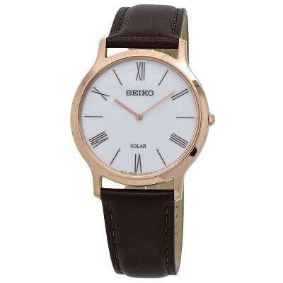 Seiko Solar Quartz Champagne Dial Brown Leather Men's Watch SUP896 ...