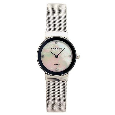 Skagen Denmark Mother of Pearl Dial Mirrored Bezel Pink Leather Ladies ...