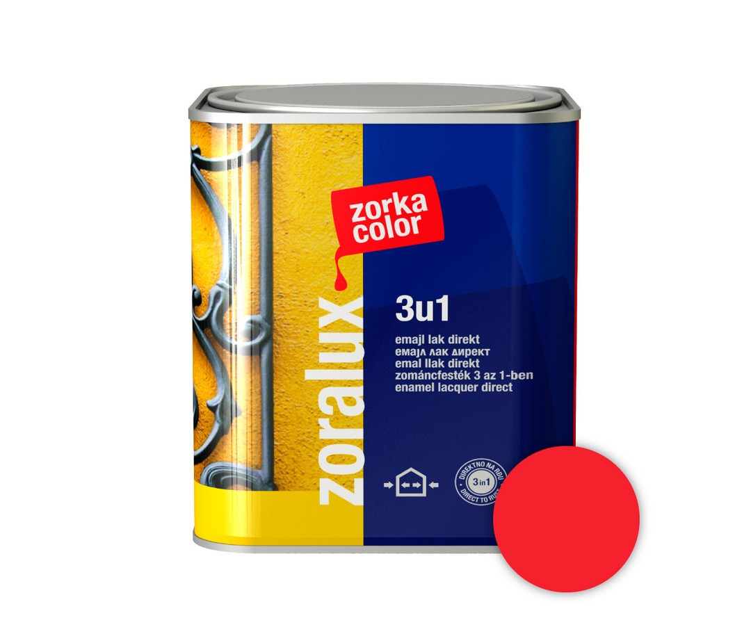 ANTIKOROZIVNI PREMAZ ZORKA DEKOR ZORALUX 3V1 EMAJL LAK DIREKT RDEČA 0.75 L 3020