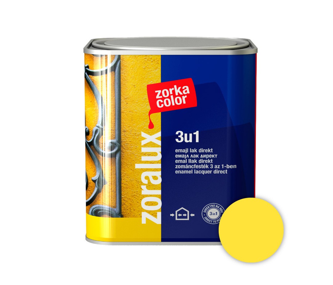 ANTIKOROZIVNI PREMAZ ZORKA DEKOR ZORALUX 3V1 EMAJL LAK DIREKT RUMENA 0.75 L 1018
