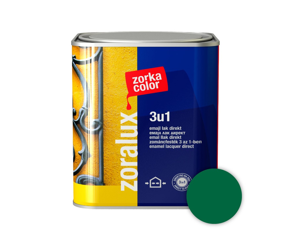 ANTIKOROZIVNI PREMAZ ZORKA DEKOR ZORALUX 3V1 EMAJL LAK DIREKT ZELENA 0.75 L 6001
