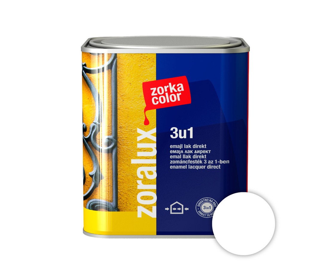 ANTIKOROZIVNI PREMAZ ZORKA DEKOR ZORALUX 3V1 EMAJL LAK DIREKT BELA 0.75 L 9016
