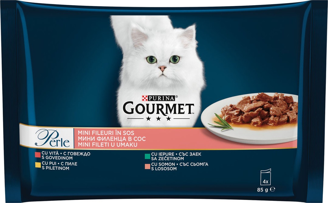 GOURMET PERLE GOV,PIŠČ,ZAJEC,LOSOS 4X85G