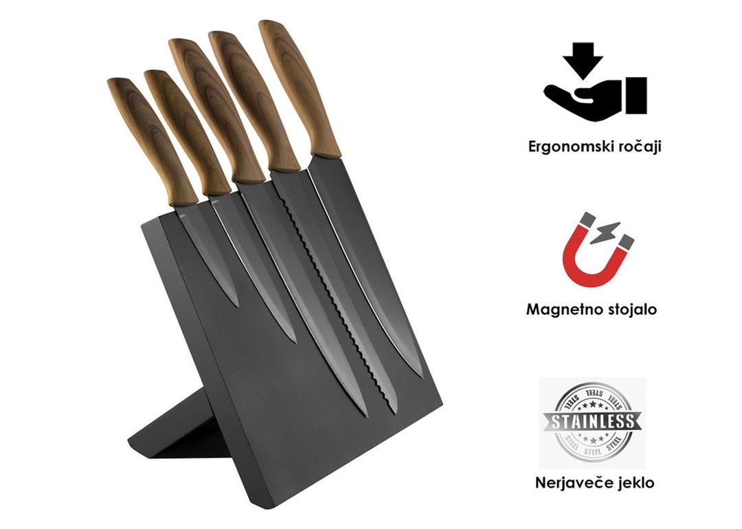 SET NOŽEV PLATINET 5 NOŽEV, MAGNETNO STOJALO ČRNO-RJAV