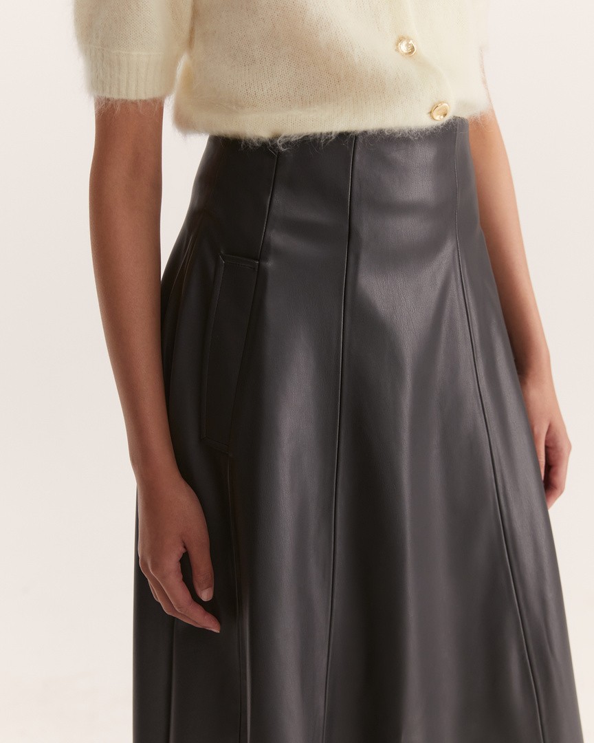 Aria Leather Wrap Midi Skirt in Black SABA