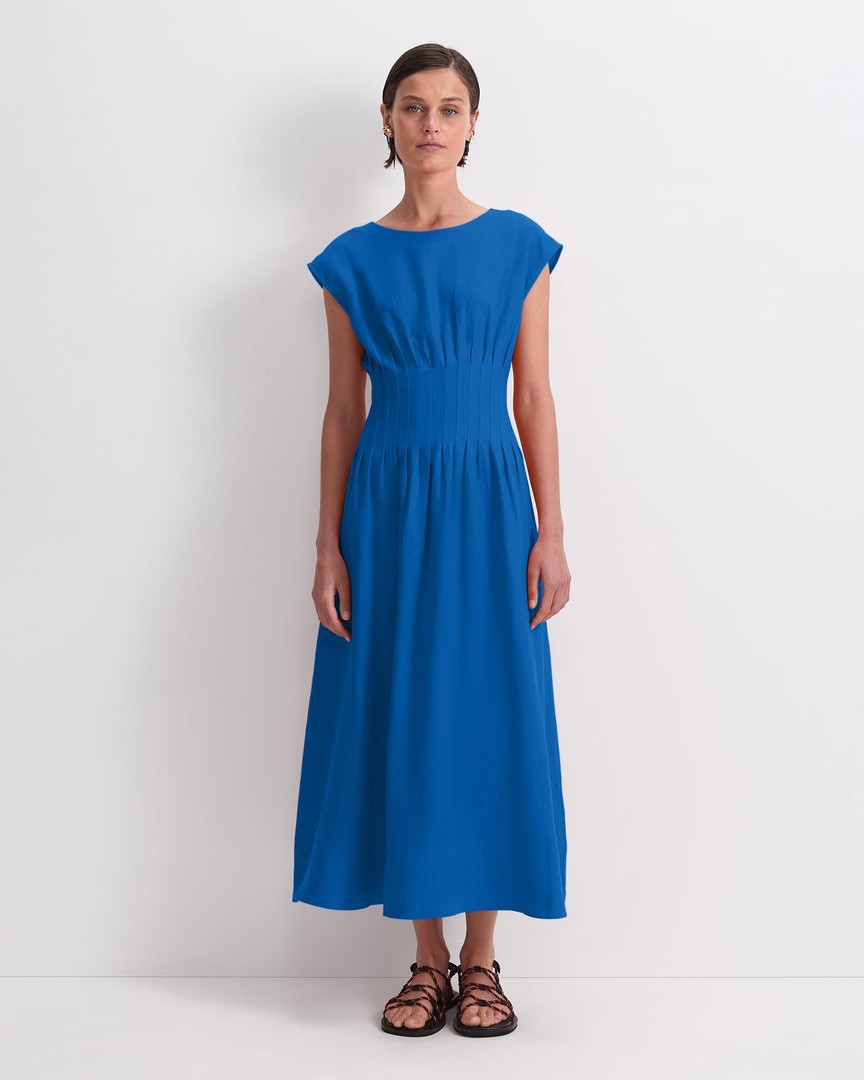 Ariana Pintuck Linen Dress in Scarlet | Sportscraft