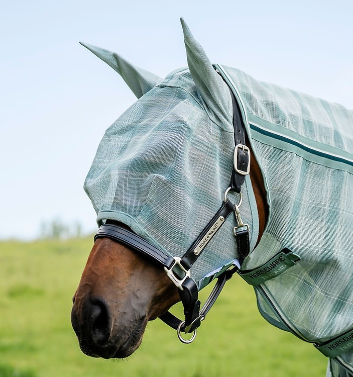 Masque Anti-mouches Andiker Pour Cheval – Oreilles Incluses, Lycra Respirant, UV, Vert, Taille L