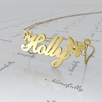 Customized Butterfly Name Necklace with Diamonds in 18k Yellow Gold Plated Silver Holly Namefactory
