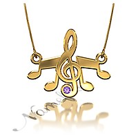 G Clef and Music Notes Necklace with Birthstone in 18k Rose Gold