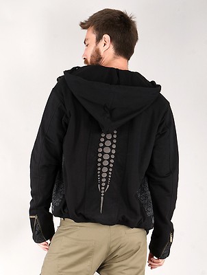 Mens Hooded Zip Jacket Black Cotton Embroidered Pattern Indian Project Raptor